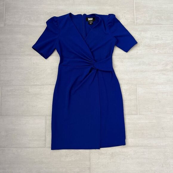 DKNY Women's Side Knot V-Neck Sheath Midi Royal Blue 8 Back Zip Cocktail Career - Picture 1 of 8